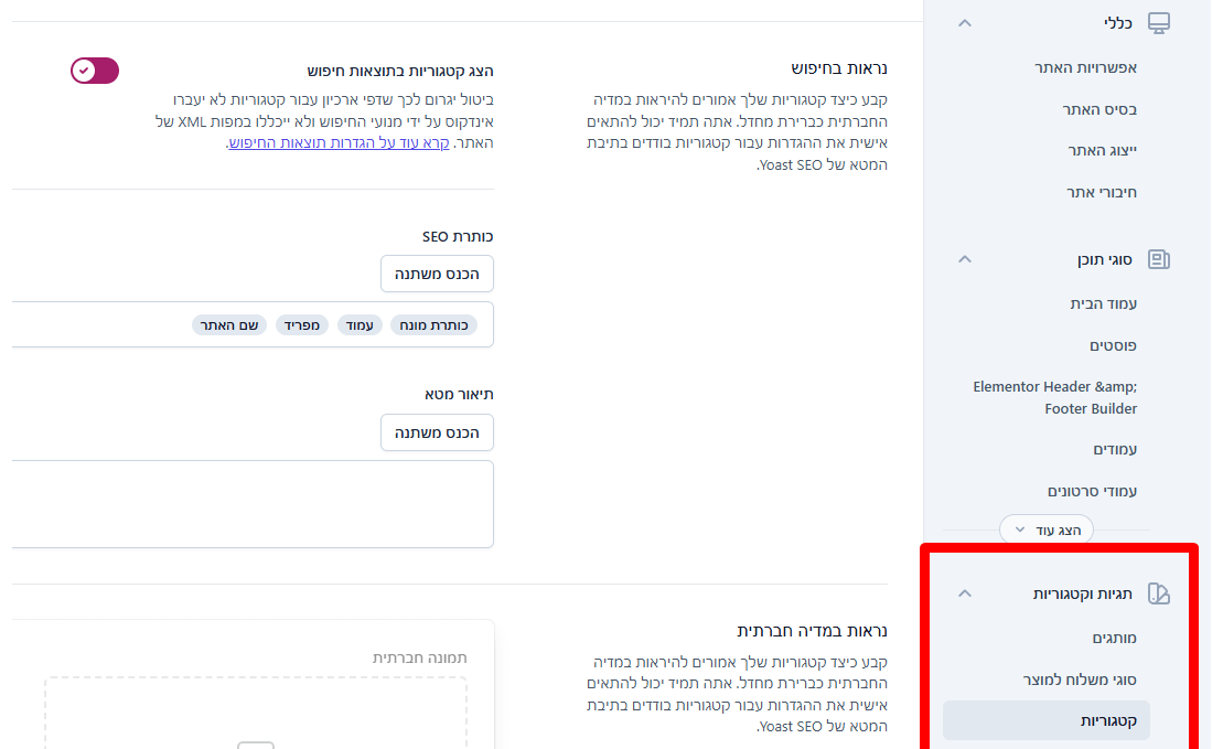 yoast-taxonomies-settings הגדרת קטגוריות ותגיות ביוסט SEO