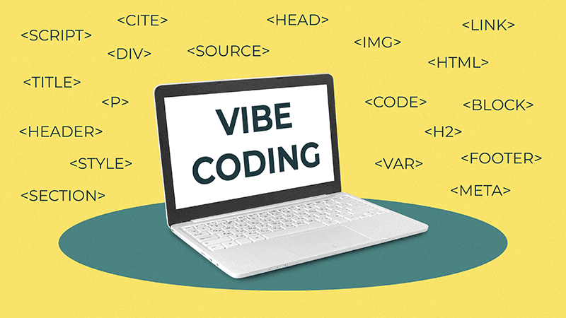 מחשב נייד שעליו מופיע הכיתוב "VIBE CODING", מוקף בתגי HTML שונים על רקע צהוב.
